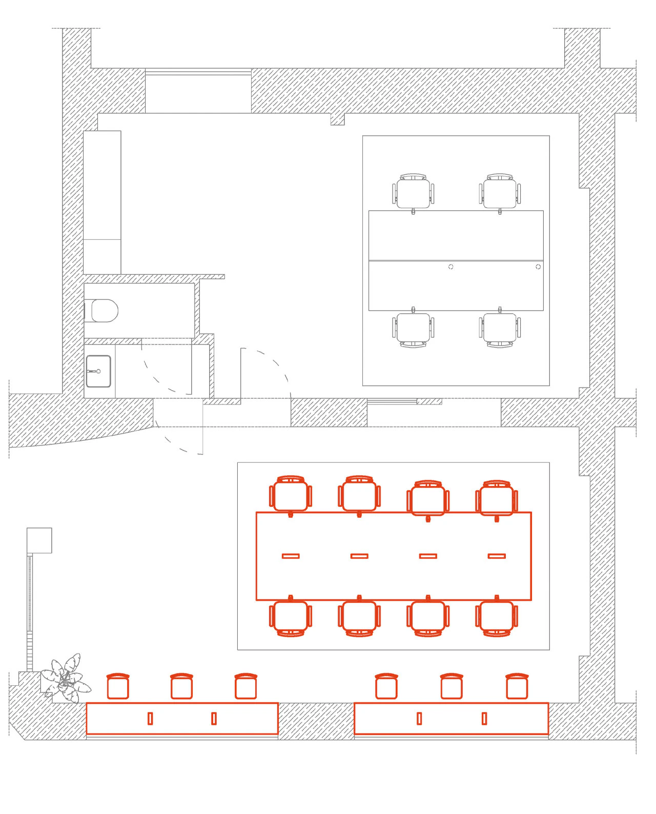 Plan strefy Coworking Hot Desk w ko_stacji: osiem miejsc przy dużym stole i sześć w witrynach, zaznaczone na pomarańczowo.